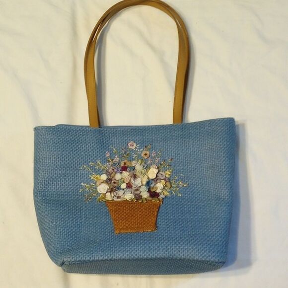 Handbags - Vintage Blue Cappelli Straw Purse with Floral Front